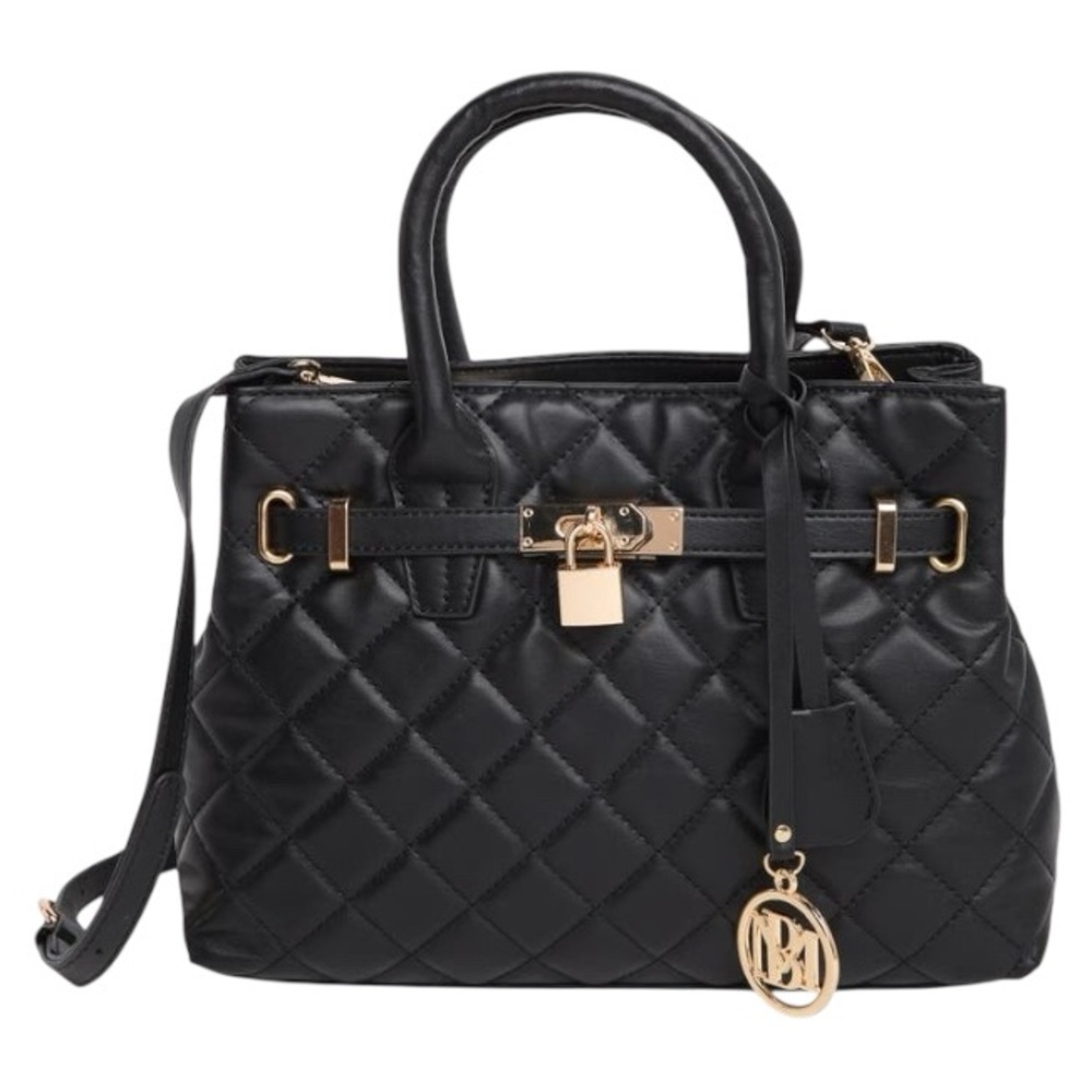 Badgley Mischka Black Diamond Quilted Satchel Gold Hardware Detail Crossbody - Picture 7 of 11